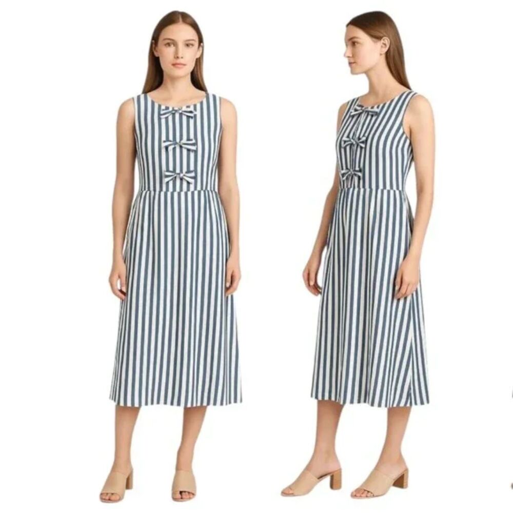 Blue White Striped Joie Bow Detail Sleeveless Midi Dress (NWT)